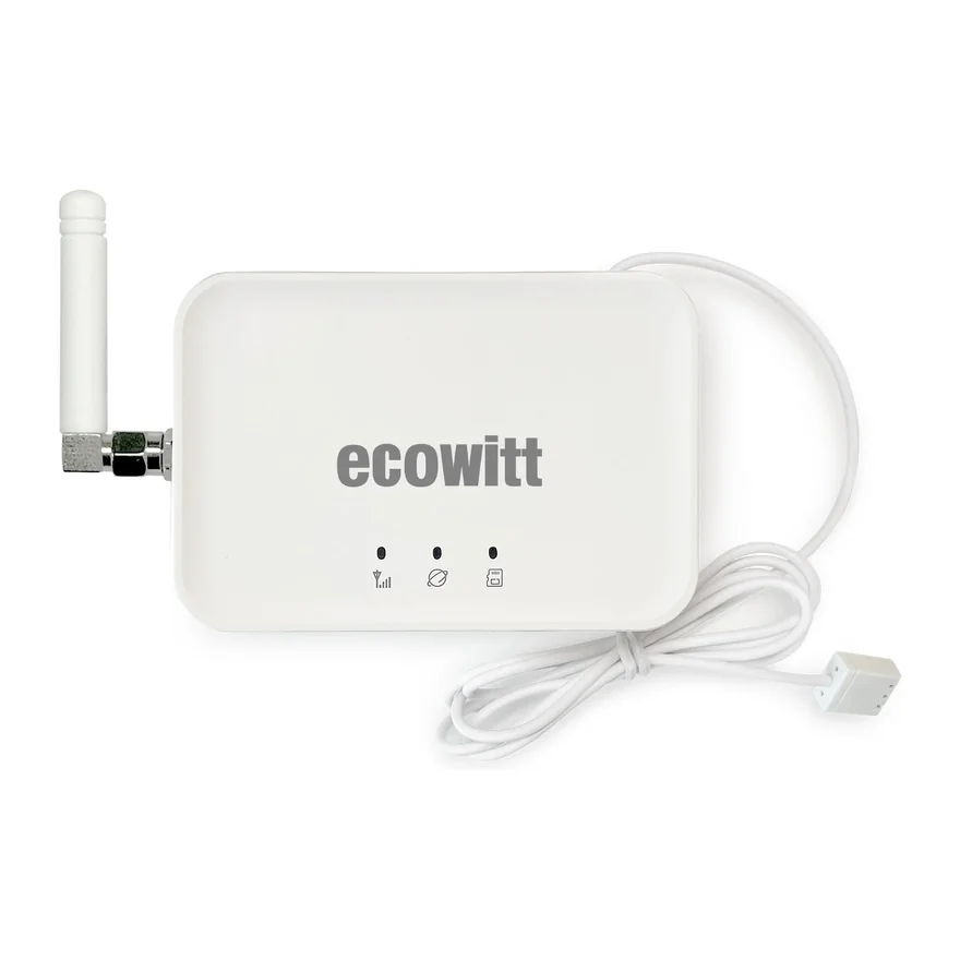 Ecowitt GW3000 gateway: a small white rectangular hub with a screw-on antenna, three status LEDs and a USB power lead.