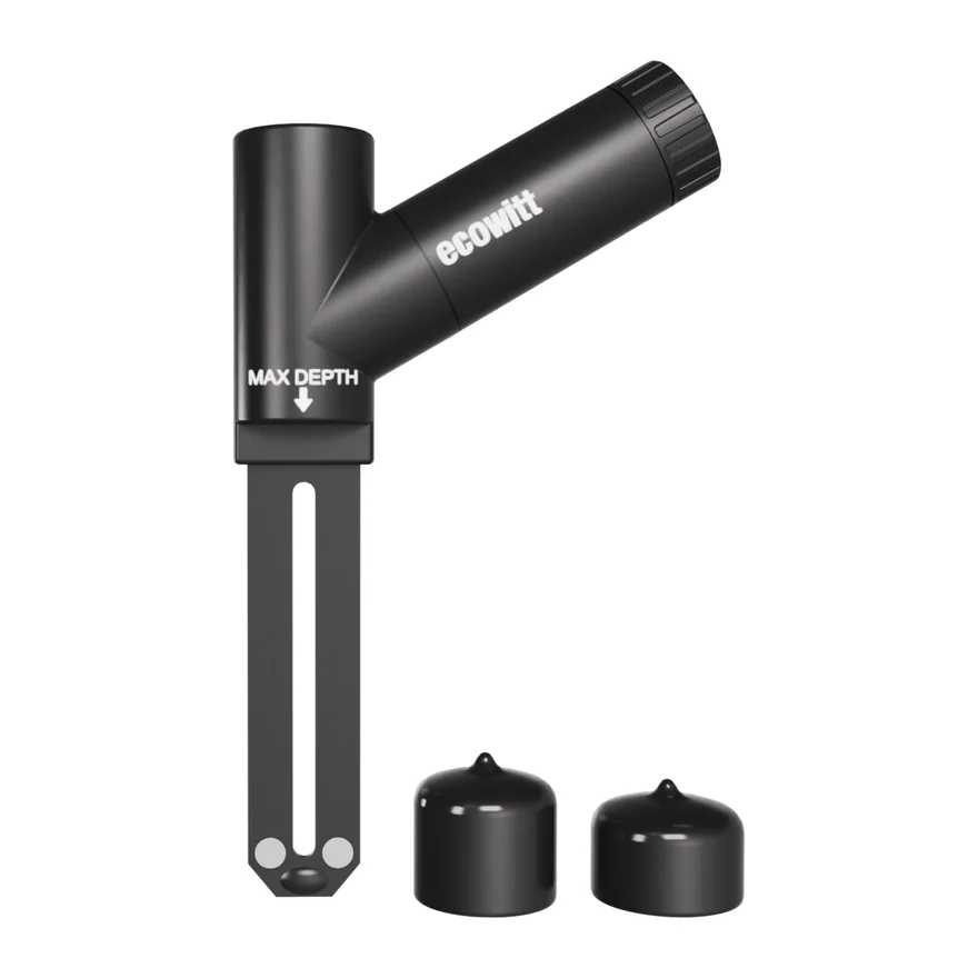 Ecowitt WH52 wireless soil sensor: a black probe with a two-pronged blade that goes into the soil and an angled battery barrel above ground.