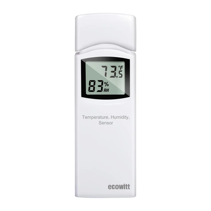 Ecowitt WN32 outdoor temperature and humidity sensor: a slim white wall-mounted unit with a small LCD showing temperature and relative humidity.