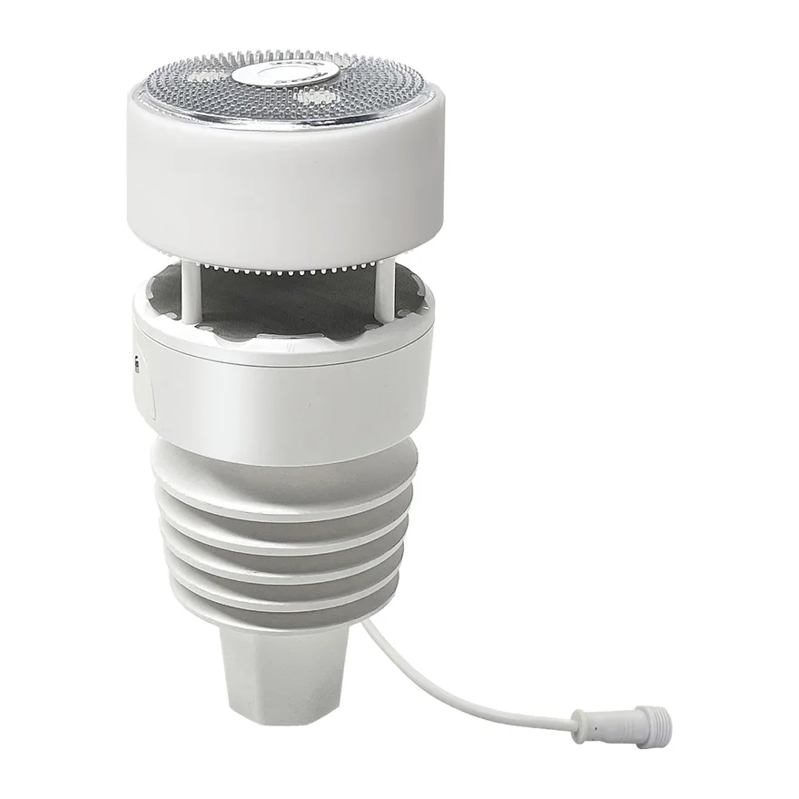 Ecowitt WS90 seven-in-one weather sensor array: a white cylindrical body with a solar panel and haptic rain plate on top, an ultrasonic wind gap in the middle and a stack of radiation-shield fins below.